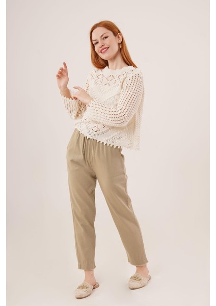 Ajurlu Delikli Model Mevsimlik Krem Kazak