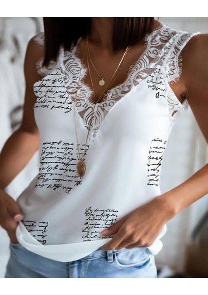 Kadın Mektup Desenli Dantel Detaylı Mikro Kumaş Bluz