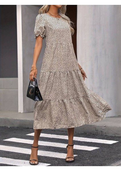 Kadın Mini Leopar Desen Midi Üç Kat Elbise