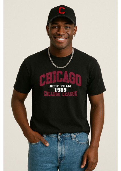 Erkek Siyah Renk Chicago Yazılı Spor Tişört - Oversize Rahat Kesim