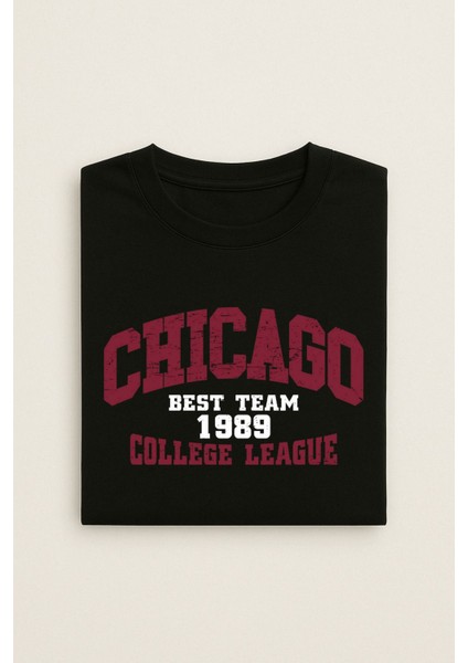Erkek Siyah Renk Chicago Yazılı Spor Tişört - Oversize Rahat Kesim modelleri