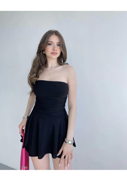 Gelirr Straplez Sandy Kumaş Şortlu Prenses Etek Mini Klos Elbise- Siyah