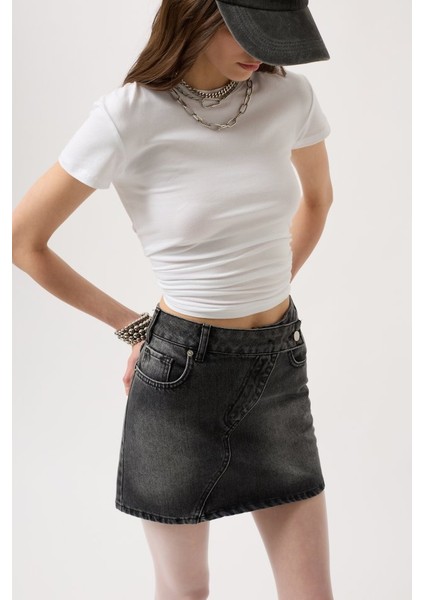 Asimetrik Kemer Denim Mini Etek