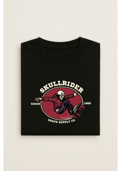 Erkek Siyah Renk Skull Rider Kaykay Temalı Baskılı Oversize Tişört – Skate Street Style modelleri