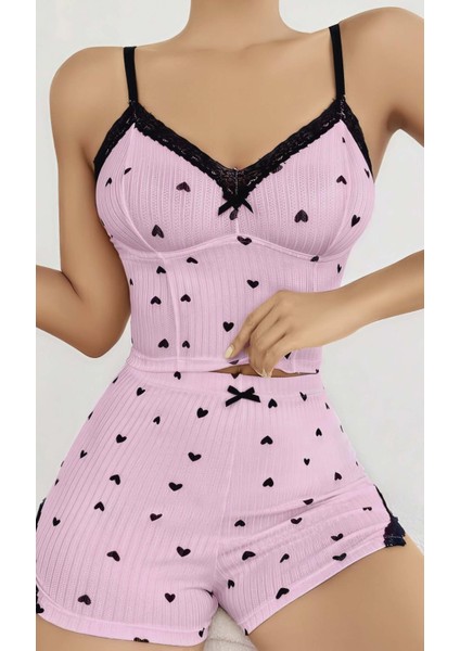 Fırsat Byr Pembe Kalp Desenli Askılı Şortlu Pijama Takım Yeni