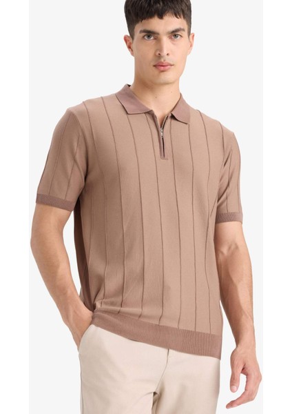 Standart Fit Polo Yaka Yarım Fermuarlı Triko Kısa Kollu Tişört F1945AX25SM