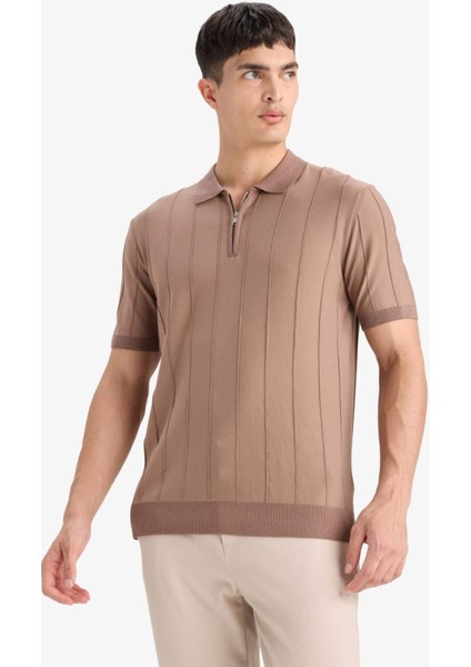 Standart Fit Polo Yaka Yarım Fermuarlı Triko Kısa Kollu Tişört F1945AX25SM fırsatları