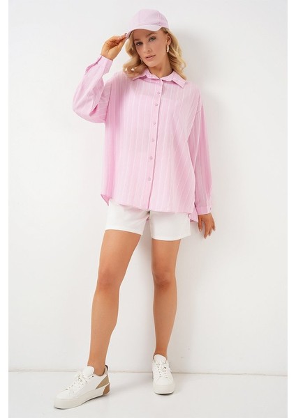 3900 Oversize Kareli Gömlek - Y.pembe