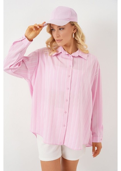 3900 Oversize Kareli Gömlek - Y.pembe