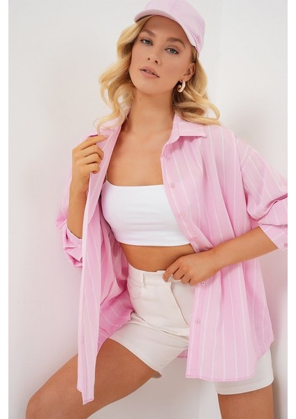 3900 Oversize Kareli Gömlek - Y.pembe