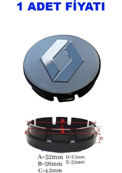 1 Adet Jant Göbek Arması 56-52MM Gri Renk Renault