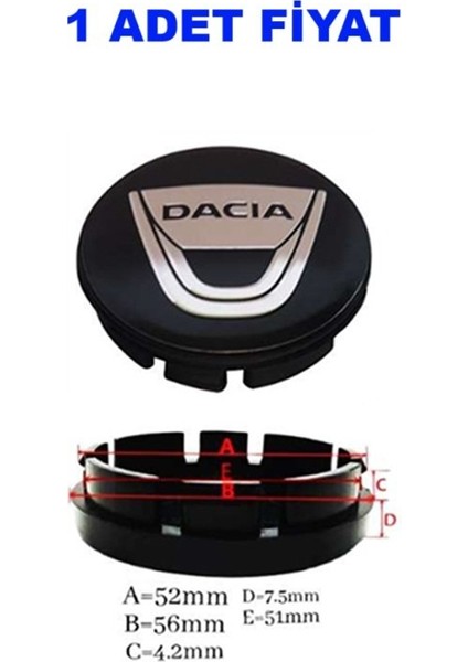 1 Adet Jant Göbek Arması 56-52MM Siyah Dacıa