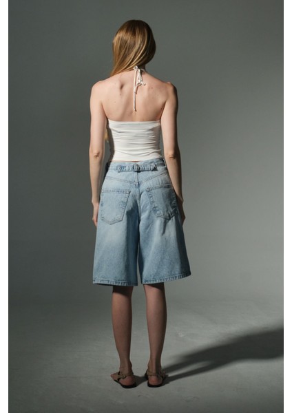 Toka Detaylı Bol Kesim Rahat Baggy Jean Kot Salaş Kadın Bermuda Diz Altı Denim Şort @casoria indirimleri