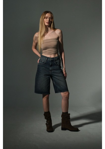 Toka Detaylı Bol Kesim Rahat Baggy Jean Kot Salaş Kadın Bermuda Diz Altı Denim Şort @casoria