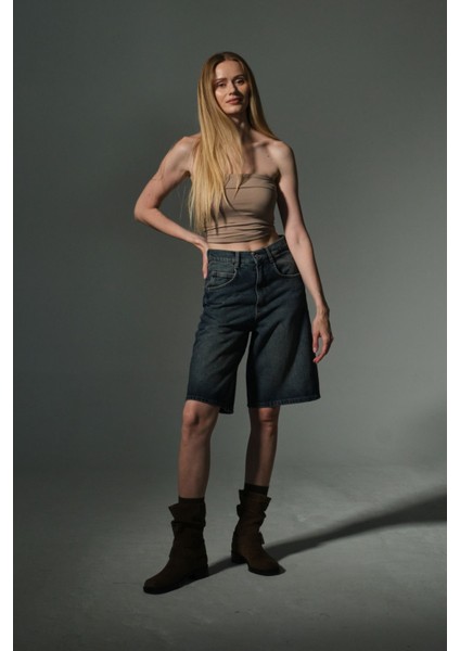 Toka Detaylı Bol Kesim Rahat Baggy Jean Kot Salaş Kadın Bermuda Diz Altı Denim Şort @casoria fırsatları