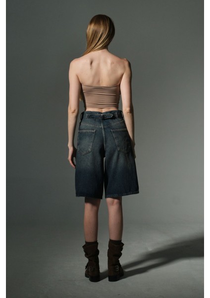 Toka Detaylı Bol Kesim Rahat Baggy Jean Kot Salaş Kadın Bermuda Diz Altı Denim Şort @casoria indirimleri