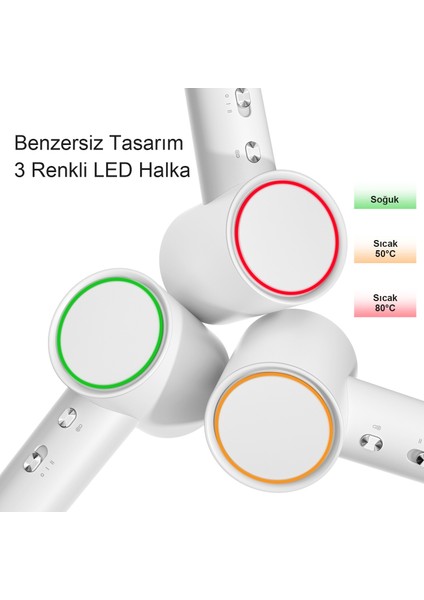 200mil Negatif İyonlu, RGB LED Halkalı, Düşük Gürültülü, Çift Hızlı, Seyahat Dostu ve Şık Tasarımlı Yüksek Hızlı Saç Kurutma Makinesi HD188A Beyaz