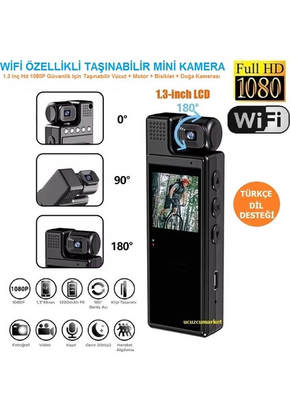 Wifi Özellikli Taşınabilir Mini Kamera 1.3 Inç Hd 1080P Güvenlik Için Taşınabilir Vücut + Motor + Bisiklet + Doğa Kamerası