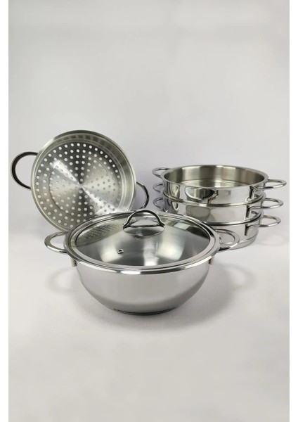 6090-C - 6 Parça Paslanmaz Çelik, Cam Kapaklı 32X10 cm - 7 Litre Buharlı Pişirici, Mantı Tenceresi