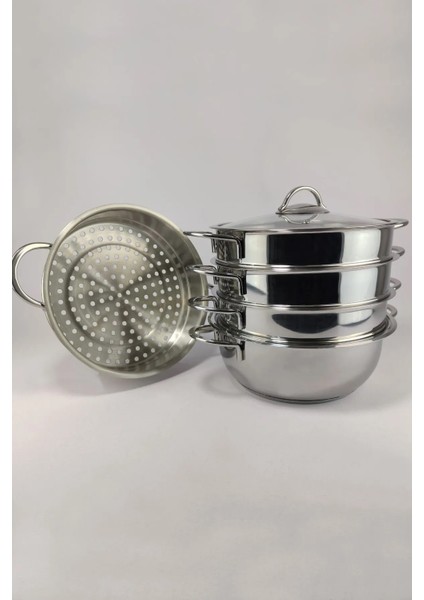 6090-C - 6 Parça Paslanmaz Çelik, Cam Kapaklı 32X10 cm - 7 Litre Buharlı Pişirici, Mantı Tenceresi