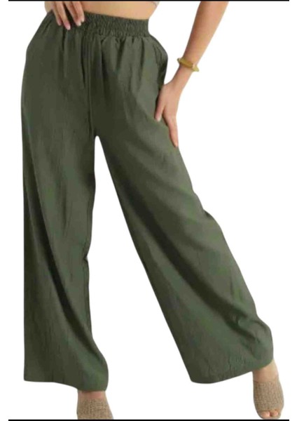 Kadın Keten Karışımlı Bel Lastikli Bol Paça