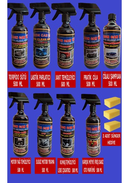 Ful Oto Bakım Seti 9 Parça + 3 Adet Sünger - Torpido Sütü+Lastik Parlatıcı+Jant Temizleyici+Hızlı Cila+Motortemizleyici+Susuz Motoryıkama+Kumaştemizleyici+Oto Kokusu+Cilalı Otoşampuanı