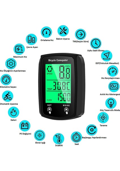Kablosuz Bisiklet Km Sayacı Termometreli | LCD Ekranlı Hız Ölçer | Su Geçirmez, Işıklı, Çok Fonksiyonlu Bisiklet Kilometre Saati