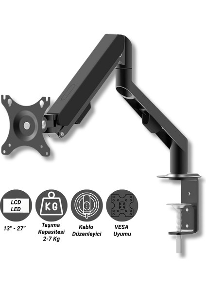 Kablo Düzenleyici Ayarlanabilir Masaüstü Standı Monitör Tutucu 13-27'' Vesa Uyumlu 2-7 kg