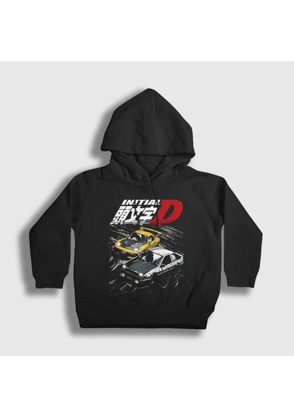 Unisex Çocuk Siyah Poster Drift Anime Initial D Kapüşonlu Sweatshirt