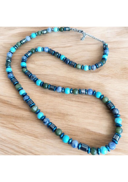 Sodalit Turkuaz Firuze Yeşim Taşı Doğal Taş Kolye, Bohem Kolye, Hematit Kolye, Otantik Kolye, Özel Tasarım Kolye