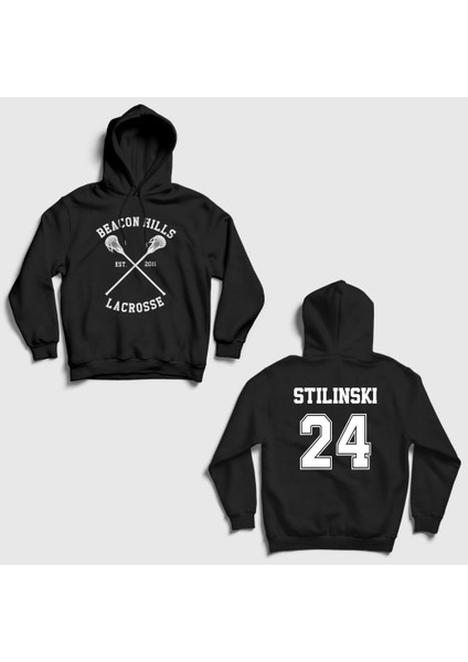 Unisex Siyah 24 Stiles Stilinski Dizi Teen Wolf Sırt Baskılı Kapüşonlu Sweatshirt