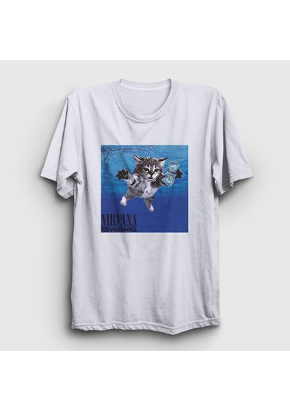 Unisex Beyaz Nevermind Cat Nirvana Kedili T-Shirt