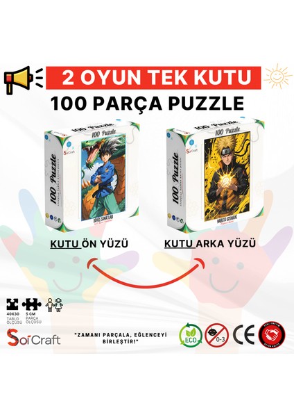 100 Parça Puzzle Çift Tasarım Tek Kutu Naruto Uzumaki