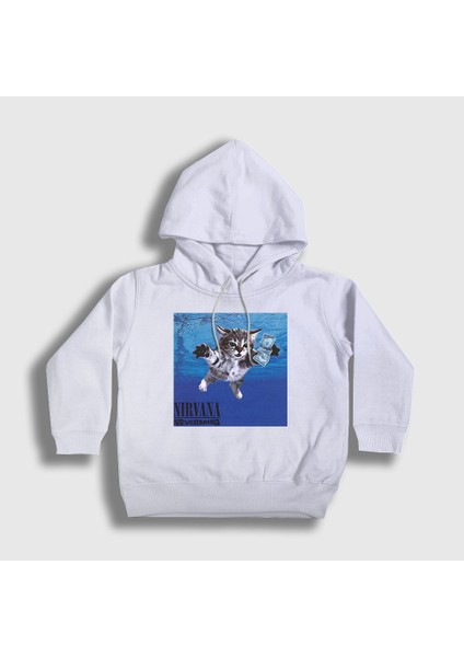 Unisex Çocuk Beyaz Nevermind Cat Nirvana Kedili Kapüşonlu Sweatshirt