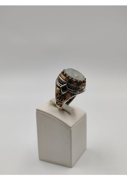 Beyaz Paraiba Taşlı Faset Kesim Erkek Yüzüğü 26 mm 925 Ayar Gümüş Yüzük