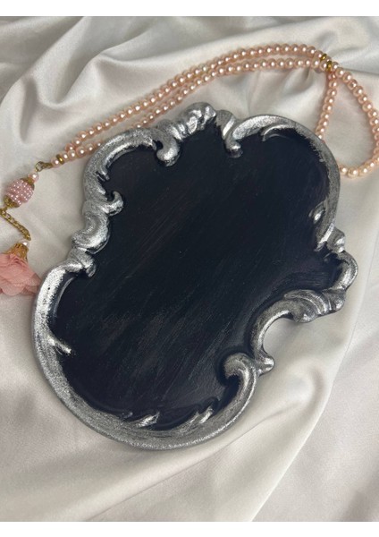 Siyah Gümüş Vintage Dekoratif Tabağı, Asimetrik Dantel Desenli Dekoratif Tabak