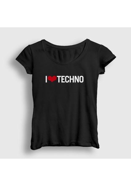 Kadın Siyah I Love Techno T-Shirt