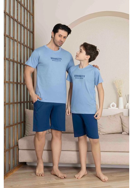 Baba Oğul Kombin Alk Üst Kısa Kollu Bermuda Boy Şortlu Bisiklet Yaka Pijama TAKIMI-4009