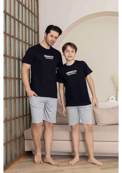 Baba Oğul Kombin Alk Üst Kısa Kollu Bermuda Boy Şortlu Bisiklet Yaka Pijama TAKIMI-4009