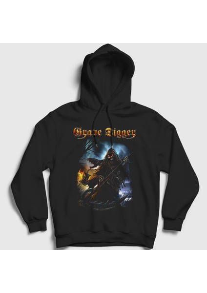 Unisex Siyah Grim Reaper Grave Digger Kapüşonlu Sweatshirt