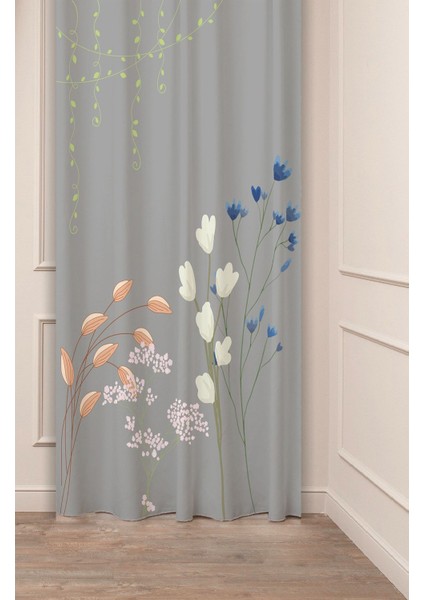 Çiçek Yaprak Bohem Sade Soft Pastel Desenli Özel Tasarım Dijital Baskılı (Tek Kanat) Şık Fon Perde