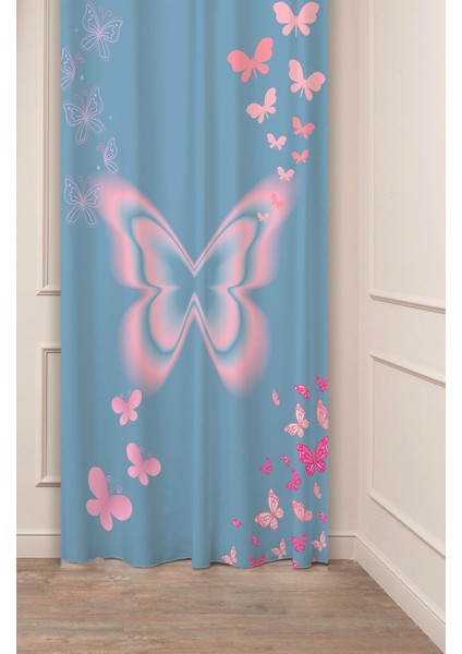 Kelebek Aşk Sevgi Mavi Pembe Desenli Özel Tasarım Dijital Baskılı (Tek Kanat) Şık Modern Fon Perde