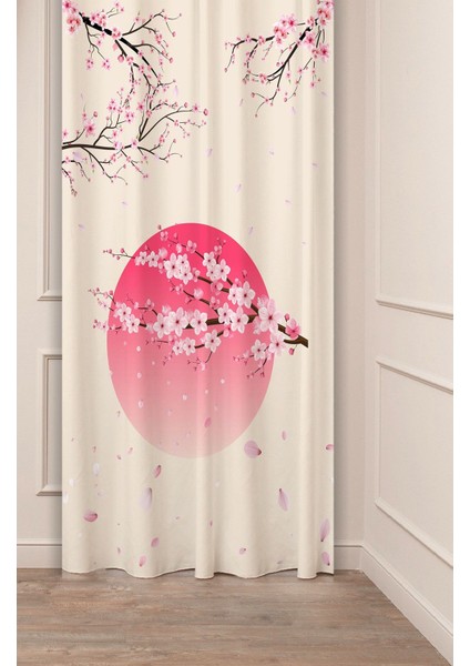 Sakura Çiçek Bohem Japonya Soft Bej Pembe Desenli Özel Tasarım Dijital Baskılı (Tek Kanat) Fon Perde