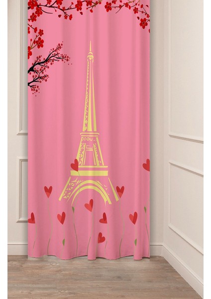 Aşk Eyfel Külesi Kalp Pembe Kırmızı Desenli Özel Tasarım Dijital Baskılı (Tek Kanat) Şık Fon Perde