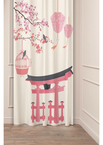 Sakura Çiçek Kuş Bohem Japonya Bej Pembe Desenli Özel Tasarım Dijital Baskılı (Tek Kanat) Fon Perde