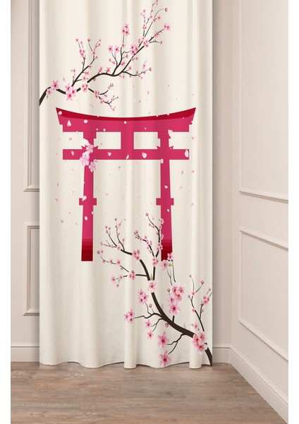 Sakura Çiçek Bohem Japonya Soft Bej Pembe Desenli Özel Tasarım Dijital Baskılı (Tek Kanat) Fon Perde
