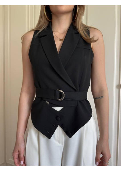 Pamuk Kumaş Kuşaklı Siyah/camel Yelek