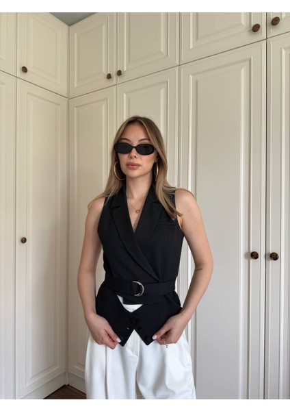 Pamuk Kumaş Kuşaklı Siyah/camel Yelek fiyatları