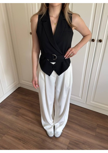 Pamuk Kumaş Kuşaklı Siyah/camel Yelek fırsatları