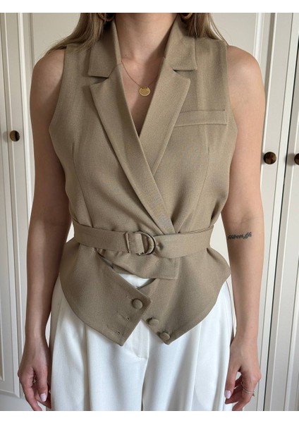 Pamuk Kumaş Kuşaklı Siyah/camel Yelek